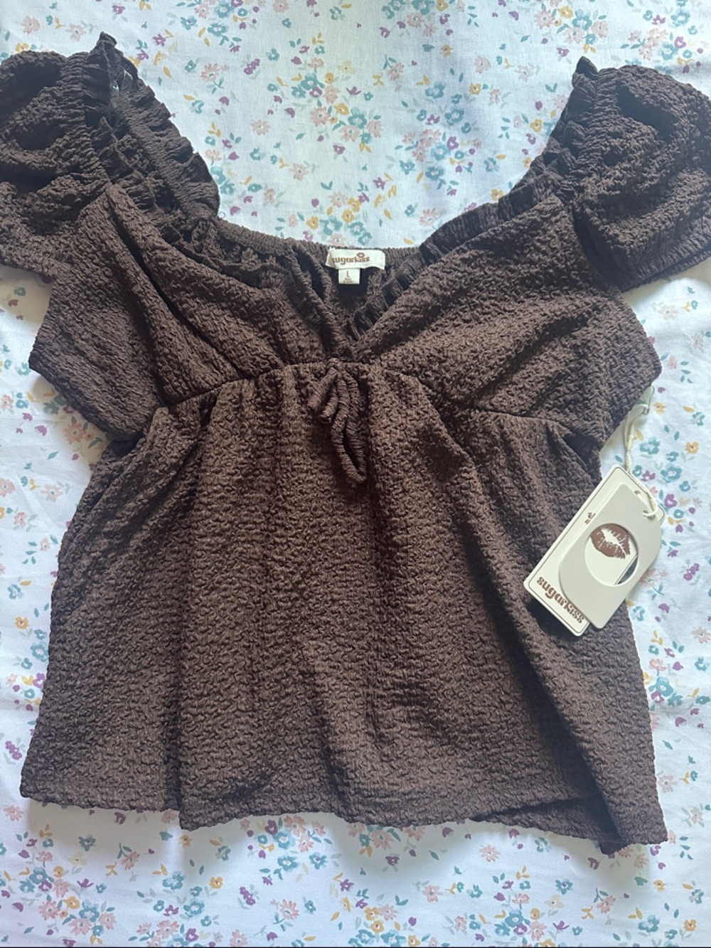 Brown Textured Tie Front Top